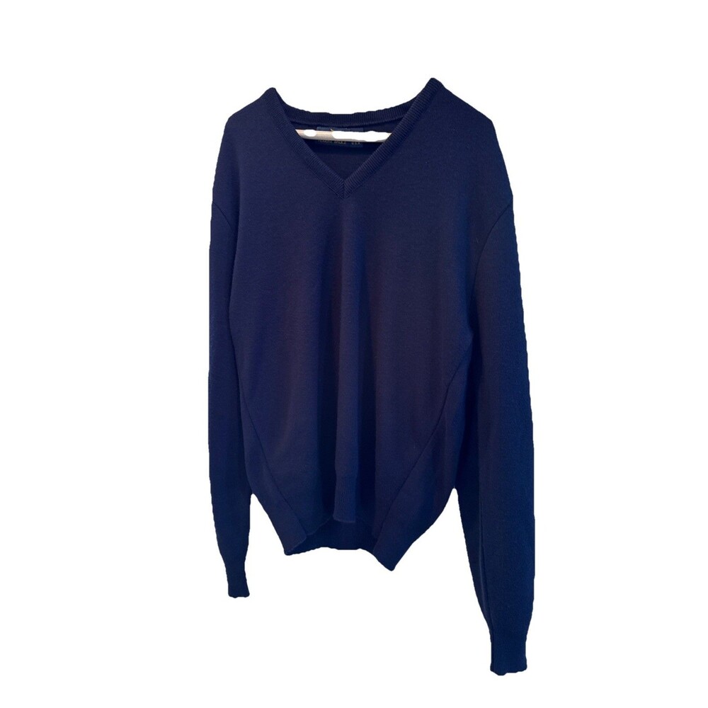 Vintage Robert Bruce V Neck Sweater Mens Large Blue Knit‎ Ribbed Trim Made USA